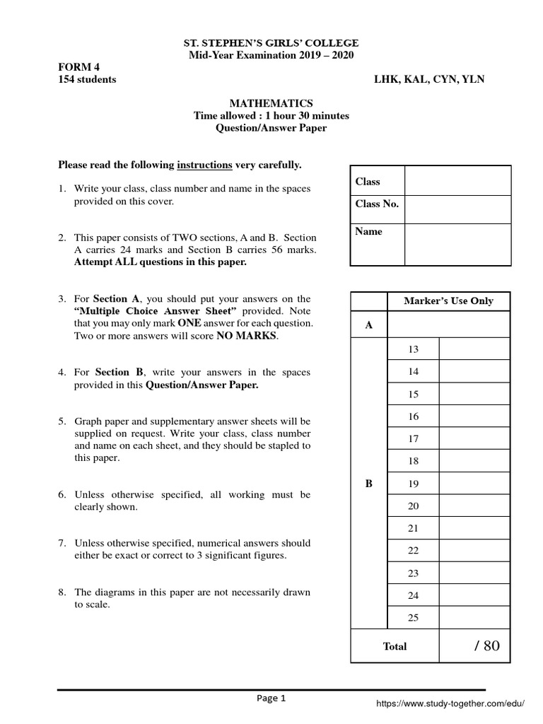 Form 4 Mathematics Mid-Year Exam 2019-20 | PDF | Quadratic Equation ...