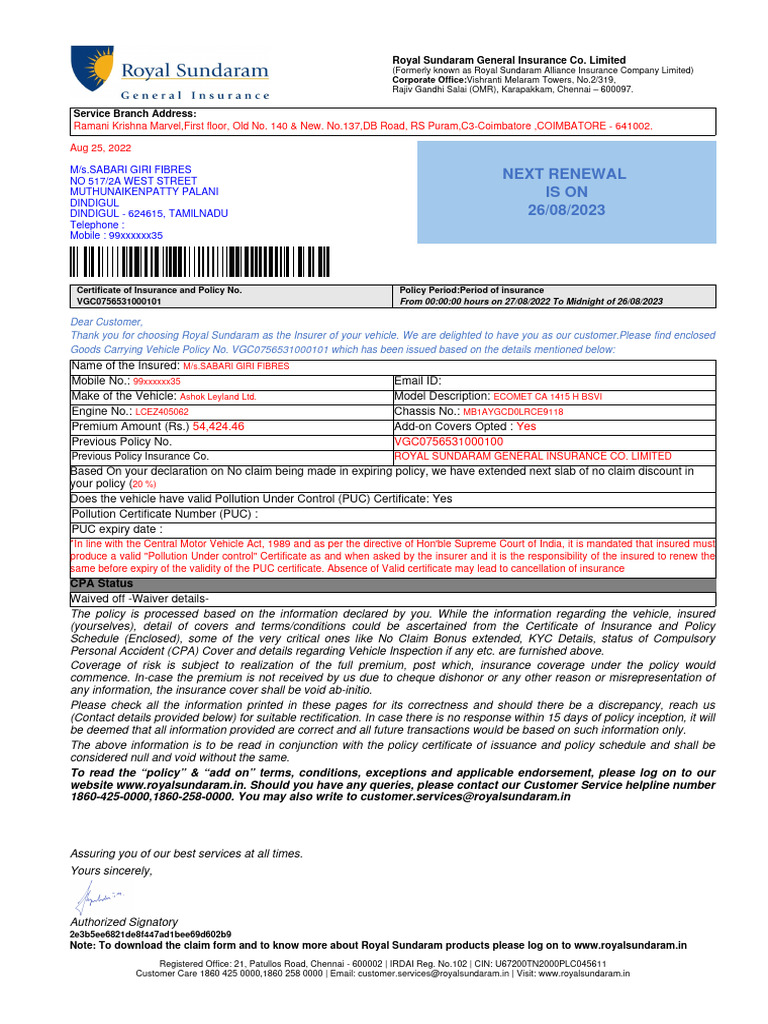 Royal Sundaram Car Insurance Policy Details | PDF | Insurance | Vehicles