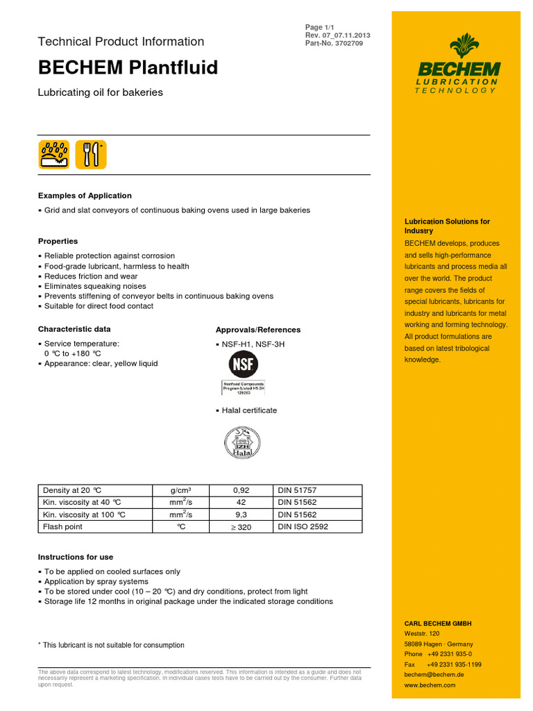 BECHEM Plantfluid | PDF | Lubricant | Materials