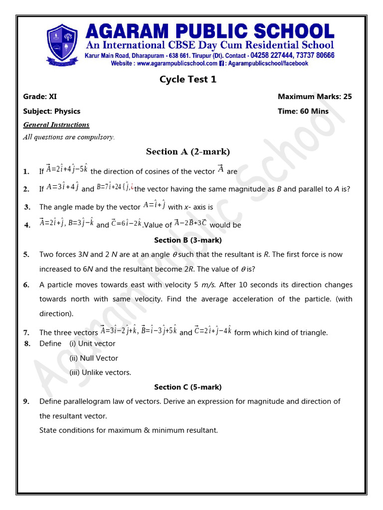 Grade XI Physics Cycle Test 1 | PDF | Science & Mathematics ...