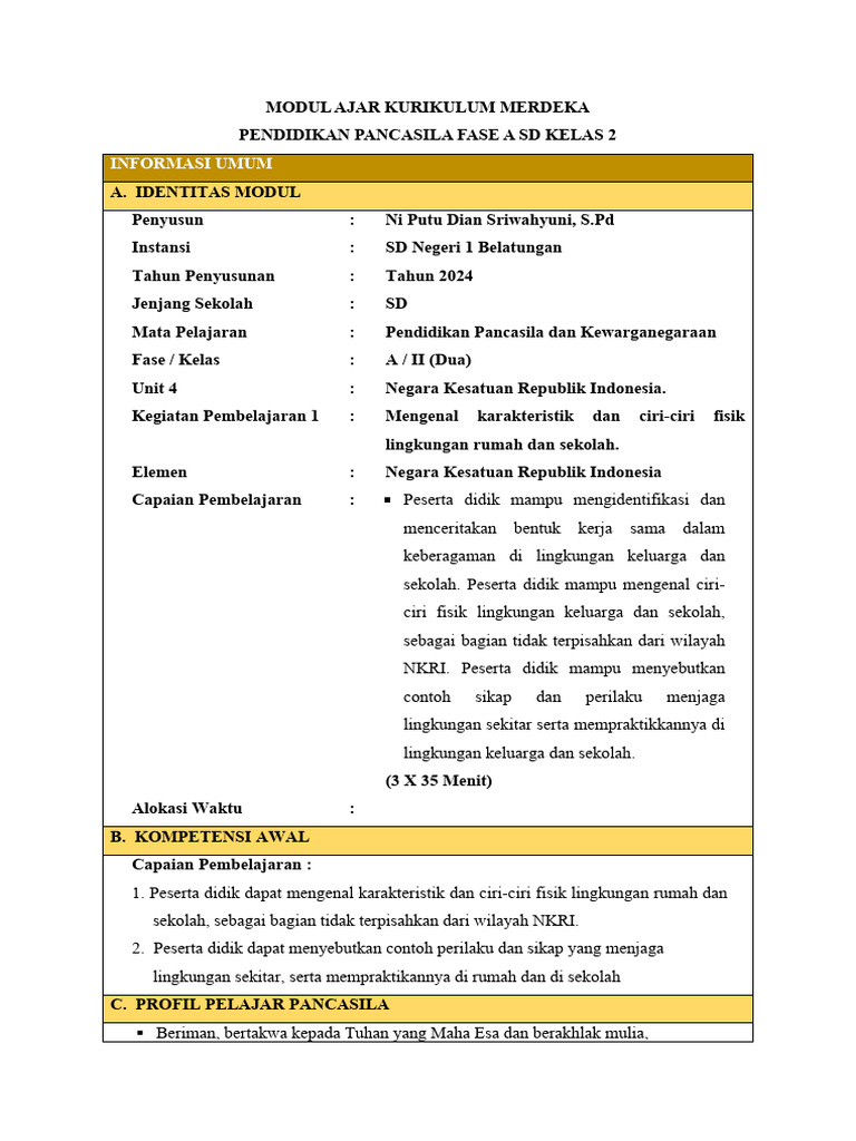 Modul Ajar PPKn Kelas 2 SD Fase A | PDF