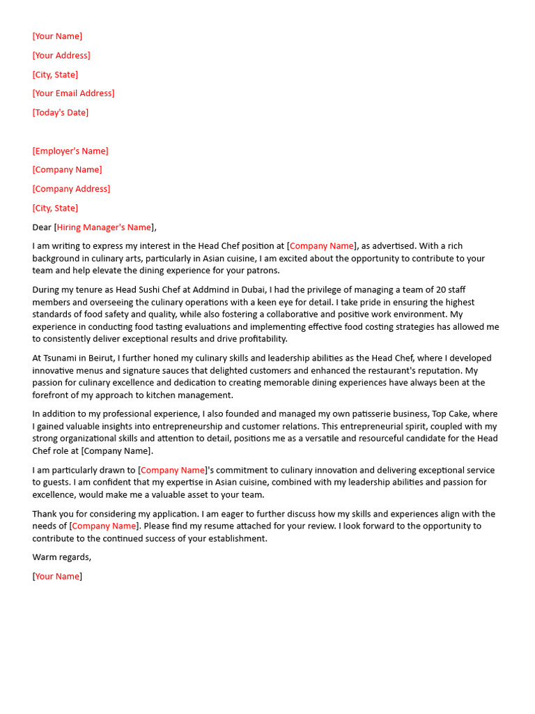 Head Chef Application Letter | PDF | Career & Growth
