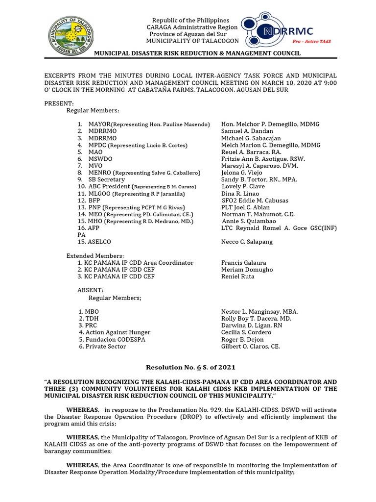 MDRRMC Reso For Extended Memebers | PDF | Government | Poverty