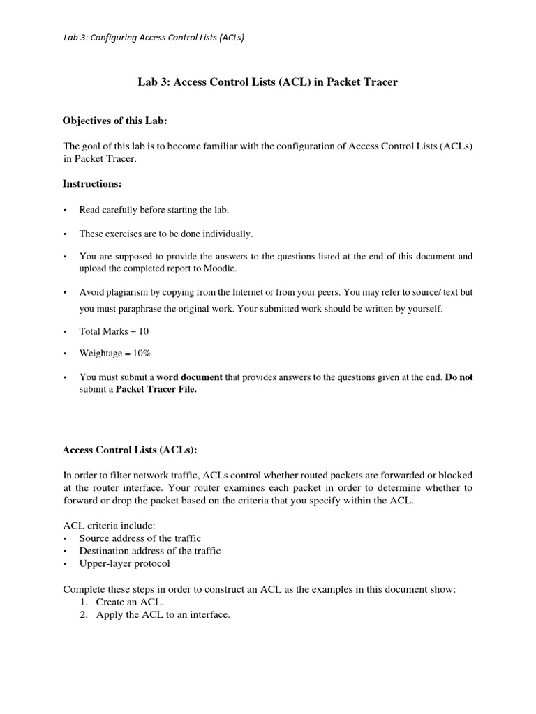 A1 - Lab 3 - Access Control List in Packet Tracer | PDF | Internet  Protocols | Router (Computing), image size:768x1024