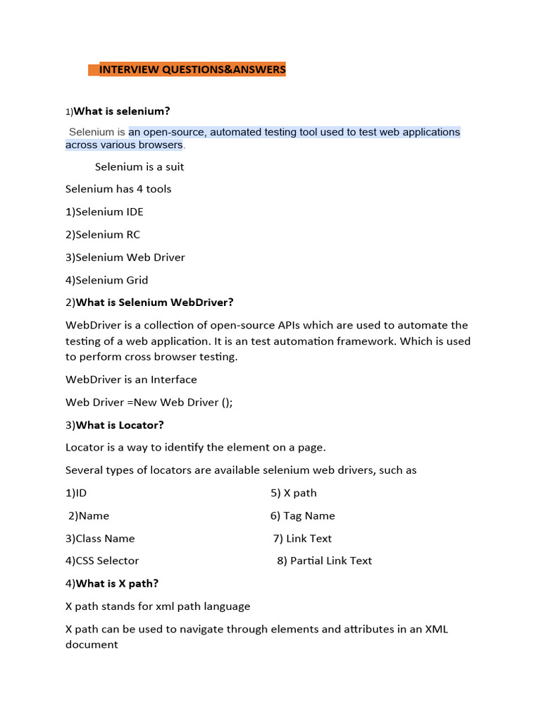Selenium Interview Questions Guide | PDF | Software Testing | Selenium ...