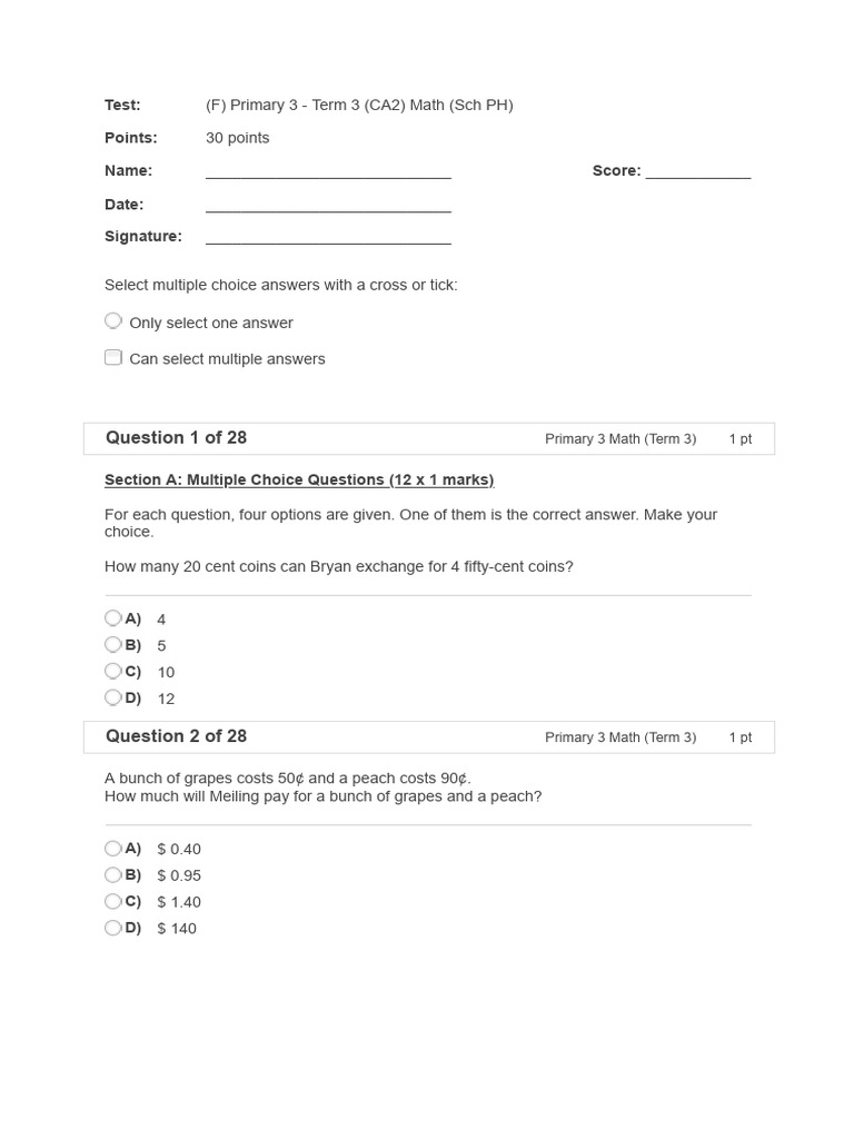 Primary 3 Math Term 3 Test Questions | PDF | Home & Garden