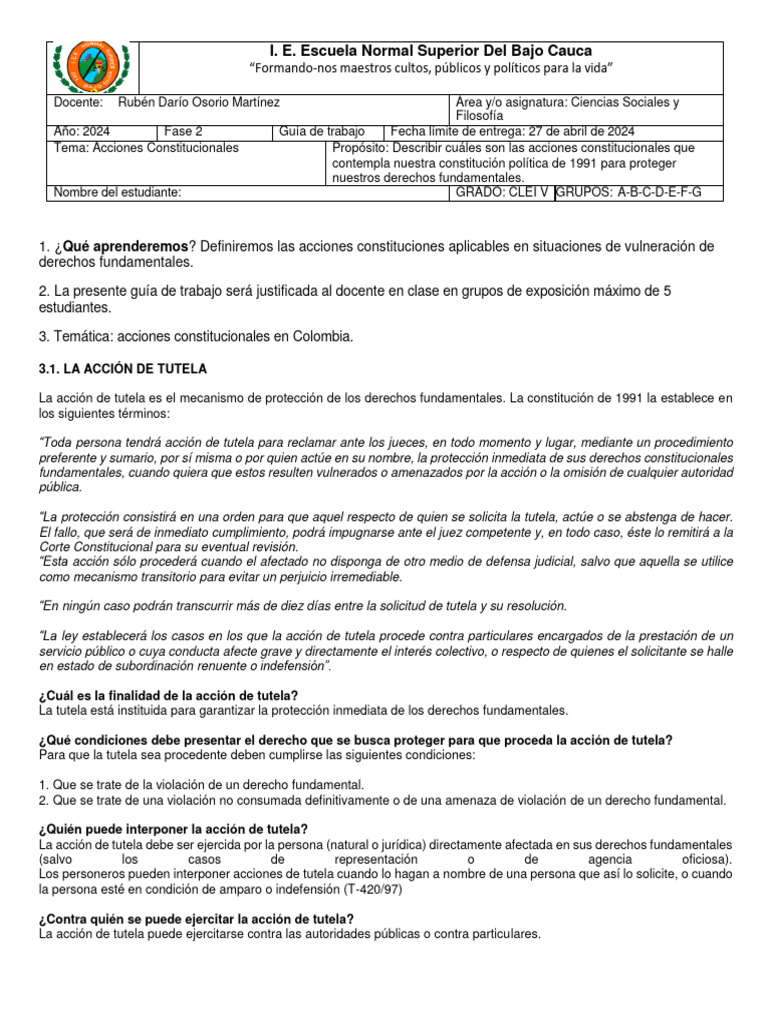 Acciones Constitucionales en Colombia | PDF | Habeas corpus | Constitución