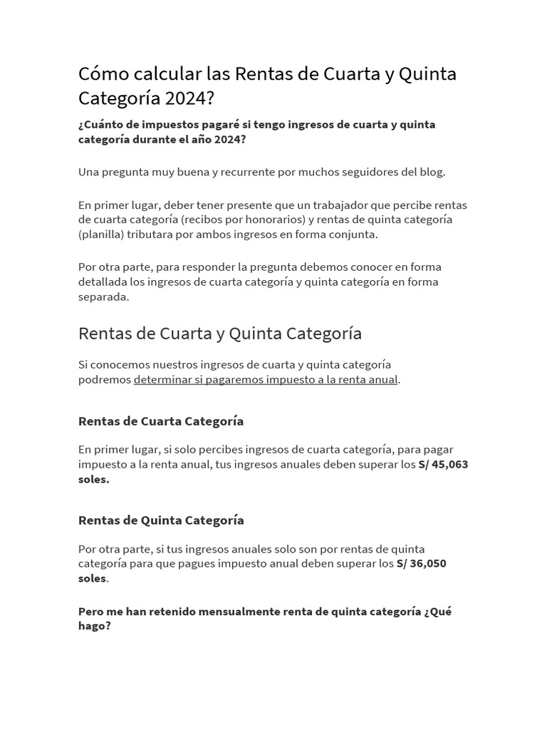 Cálculo de Rentas 4ta y 5ta Categoría 2024 | PDF | Impuestos | Impuesto ...