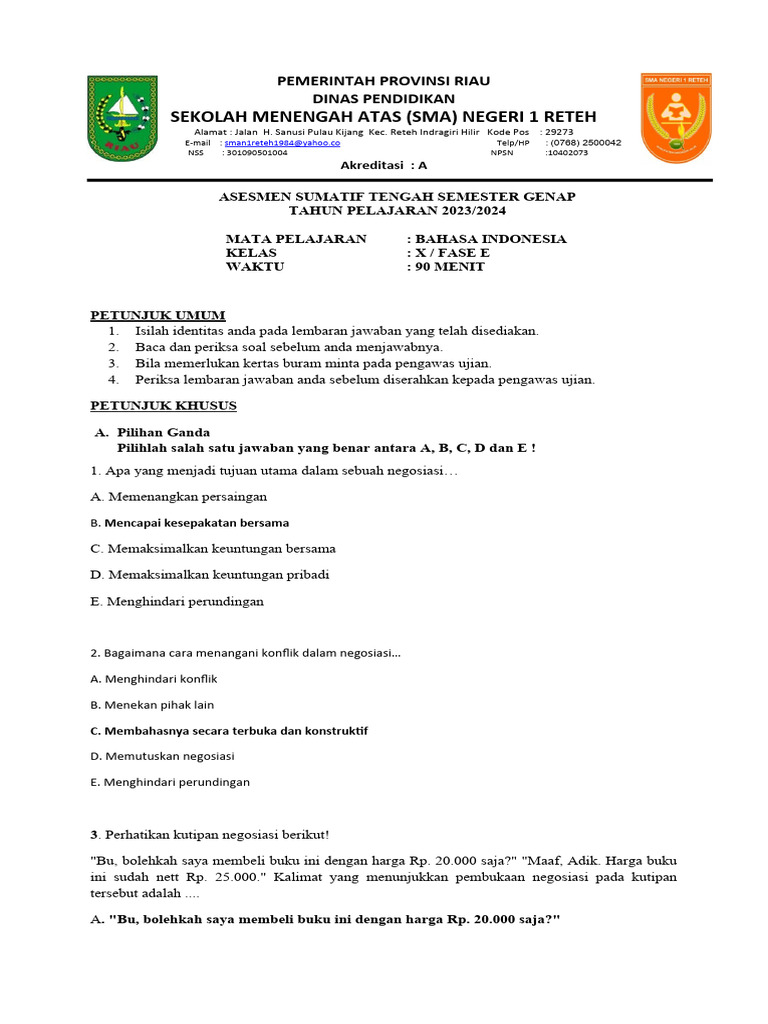 Asesmen Bahasa Indonesia Kelas X SMA Reteh | PDF