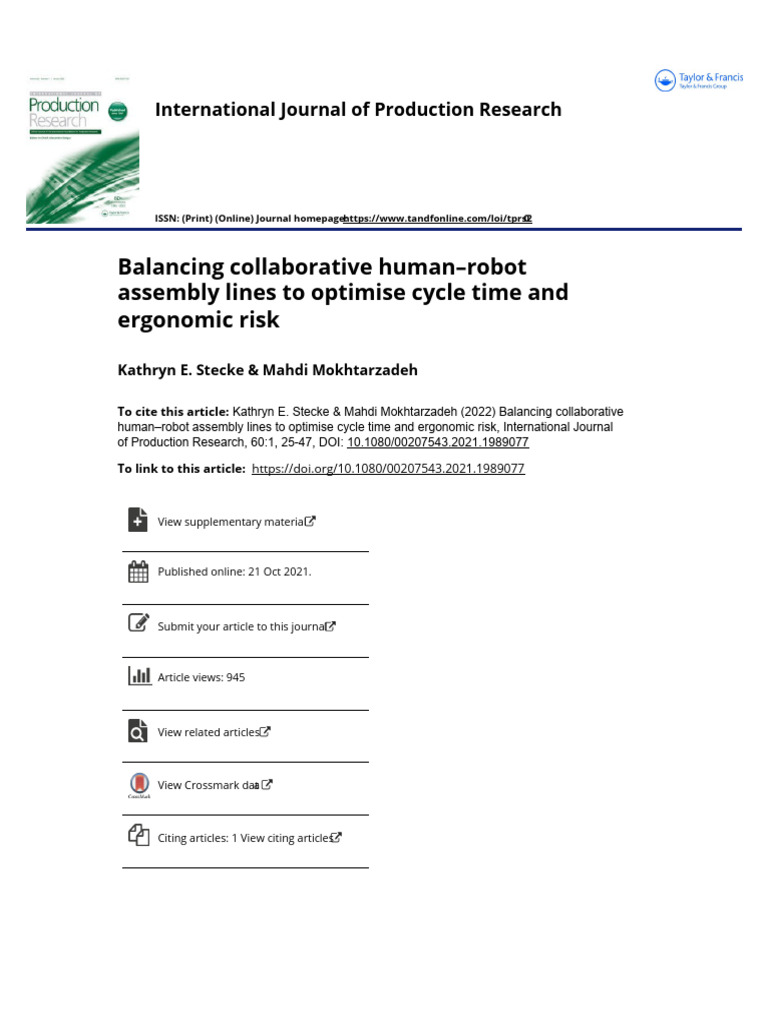 Balancing Collaborative Human Robot Assembly 1 Pdf Robot Robotics
