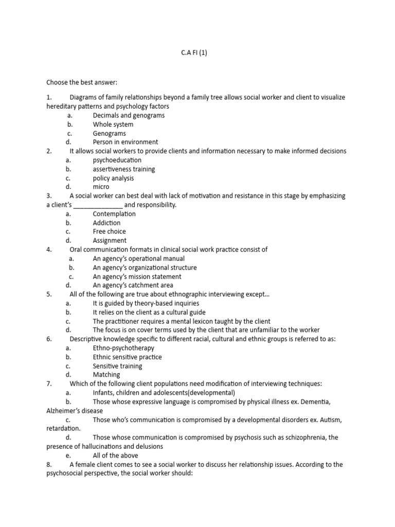 Social Work Interview Techniques Quiz | PDF | Social Work | Psychotherapy