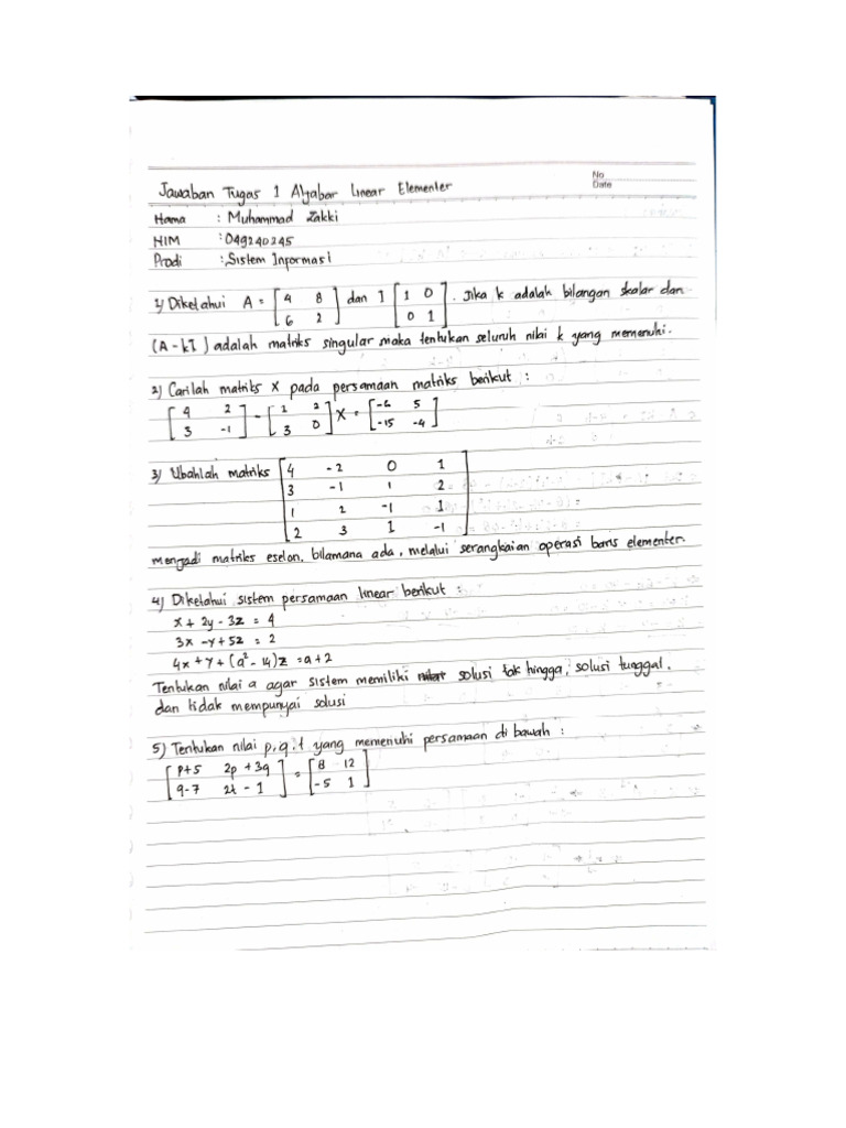 Jawaban Tugas 1 Aljabar Linear Elementer I | PDF