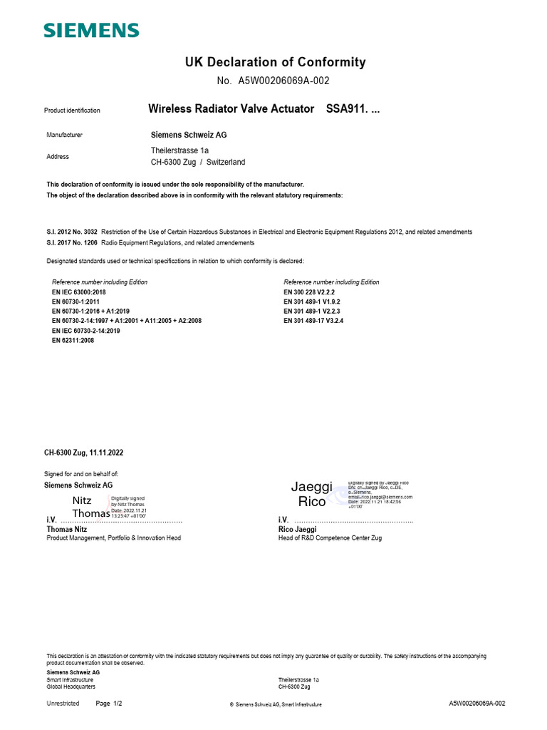 Siemens CH-6300 Zug Compliance Document | PDF | Siemens
