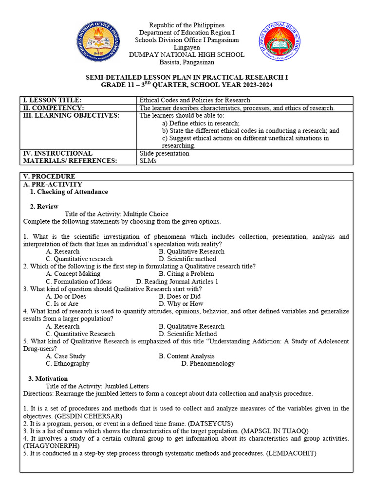 Semi DLP PR1 Q1 Ethical Codes and Policies | PDF | Qualitative Research ...