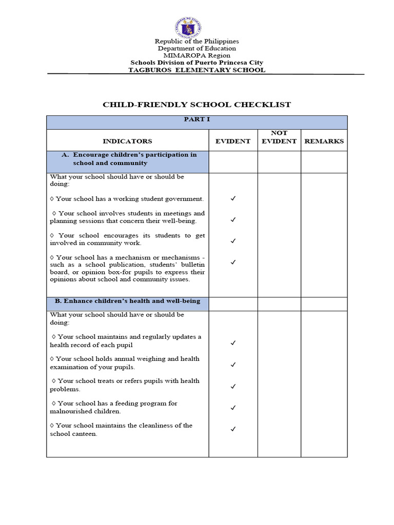 Child-Friendly School Checklist | PDF | Teachers | Schools