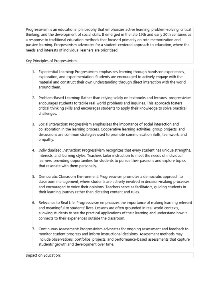 Progressivism in Educational Philosophy | PDF | Learning | Liberal Arts ...