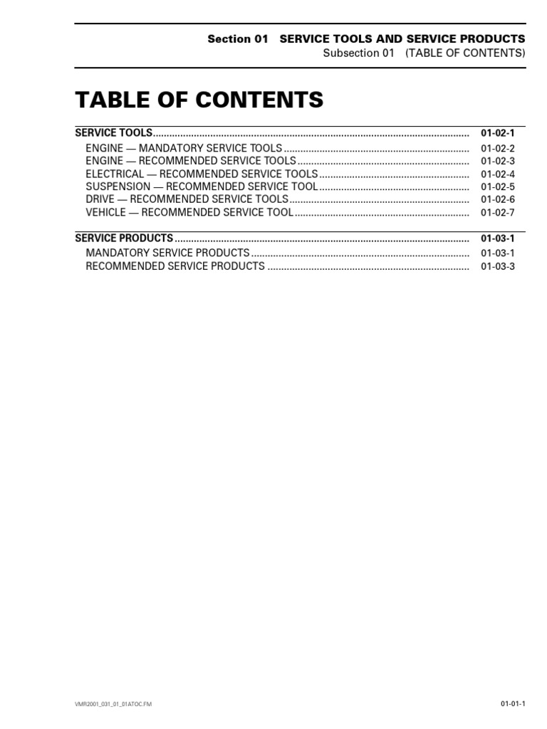 Section 01 Service Tools and Service Products: Subsection 01 (Table of ...