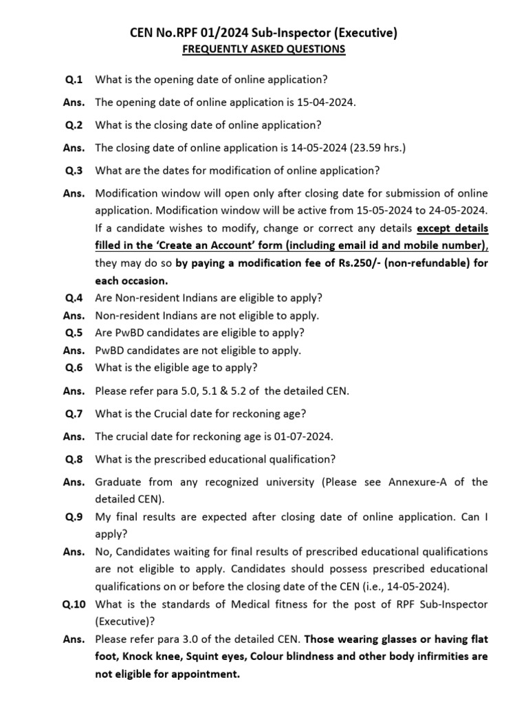 Faq Rpf 01 2024 Sub Inspector Pdf