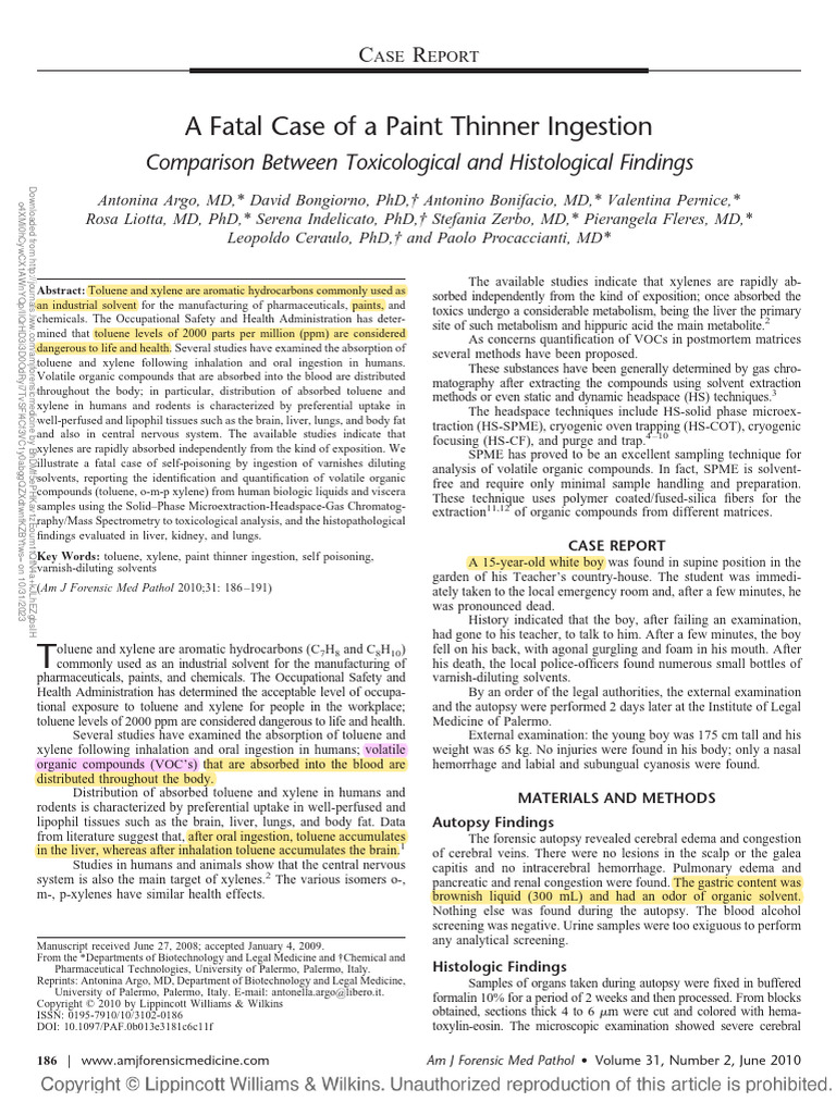 A Fatal Case of Paint Thinner Ingestion | PDF | Volatile Organic ...