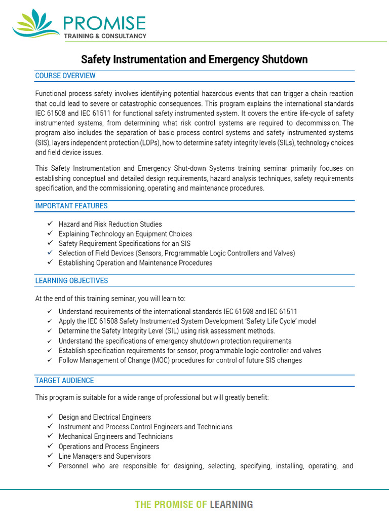 Safety Instrumentation And Emergency Shutdown Outline Pdf Systems