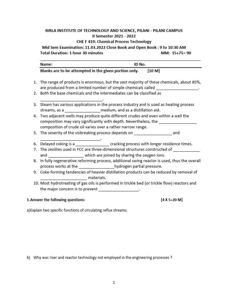 Chemical Process Technology Exam 2022 | PDF | Cracking (Chemistry ...