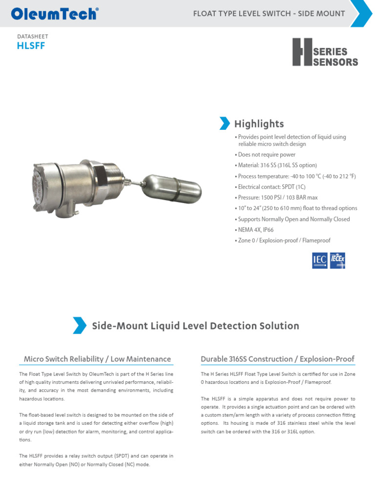 HLSFF Float Type Level Switch Side Mount Oleumtech 67 4135 001 | PDF ...