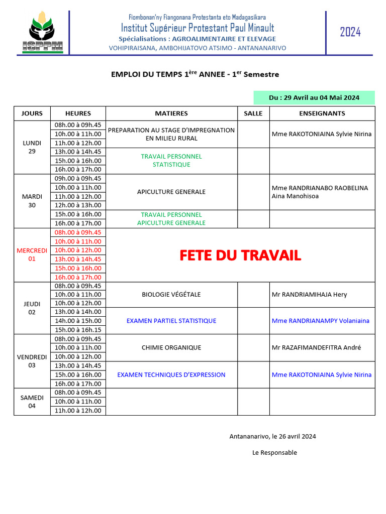Emploi du Temps 1ère Année 2024 | PDF