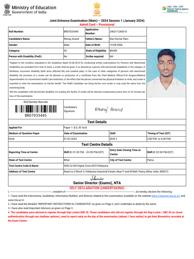 JEE Main 2024 Admit Card Instructions | PDF | Identity Document