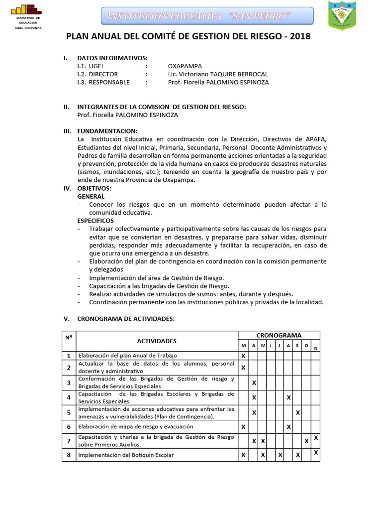 Plan Anual de Gestión del Riesgo 2018 | PDF | Defensa Civil