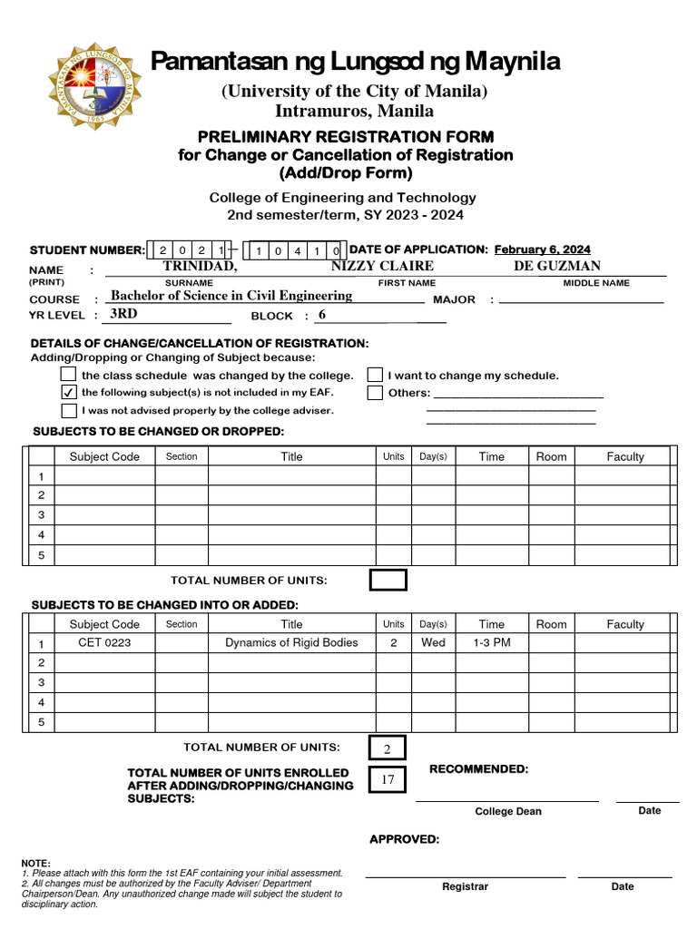 Trinidad add drop form pdf engineering science