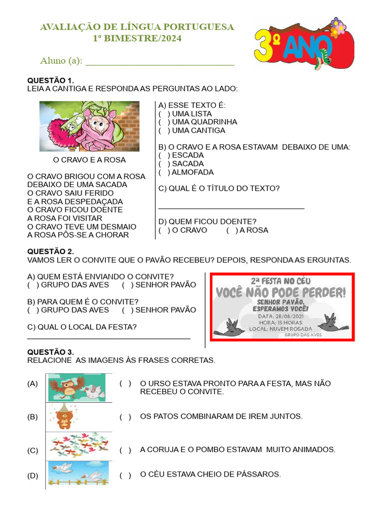 Avaliação de Língua Portuguesa - 3º Ano - 1º Bimestre 2024 | PDF | Cães ...