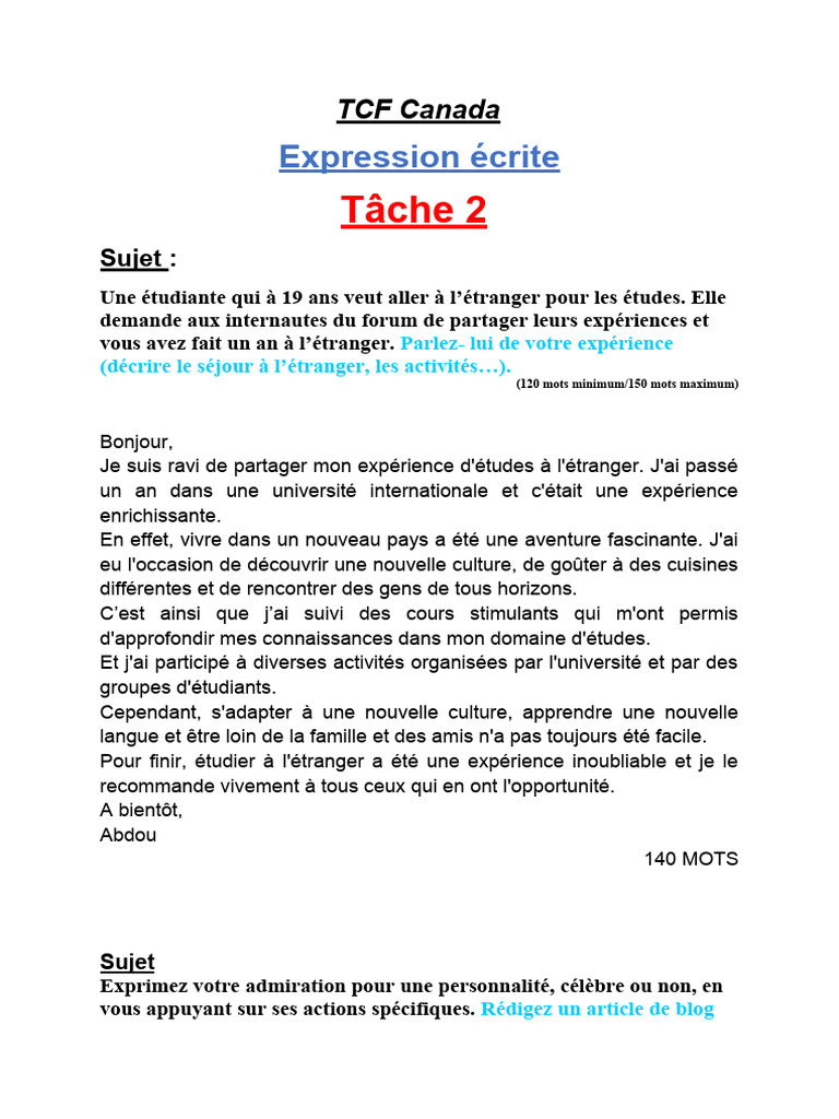 TCF Canada Expression Ecrite JUIN 2024 TACHE 2 | PDF | Des sports ...