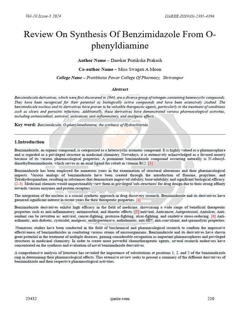 Synthesis of Benzimidazole from O-Phenylenediamine | PDF | Organic ...