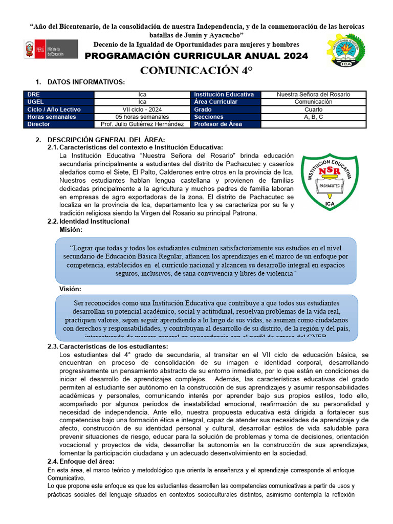 Programación Curricular Anual 2024 4° | PDF | Evaluación | Aprendizaje