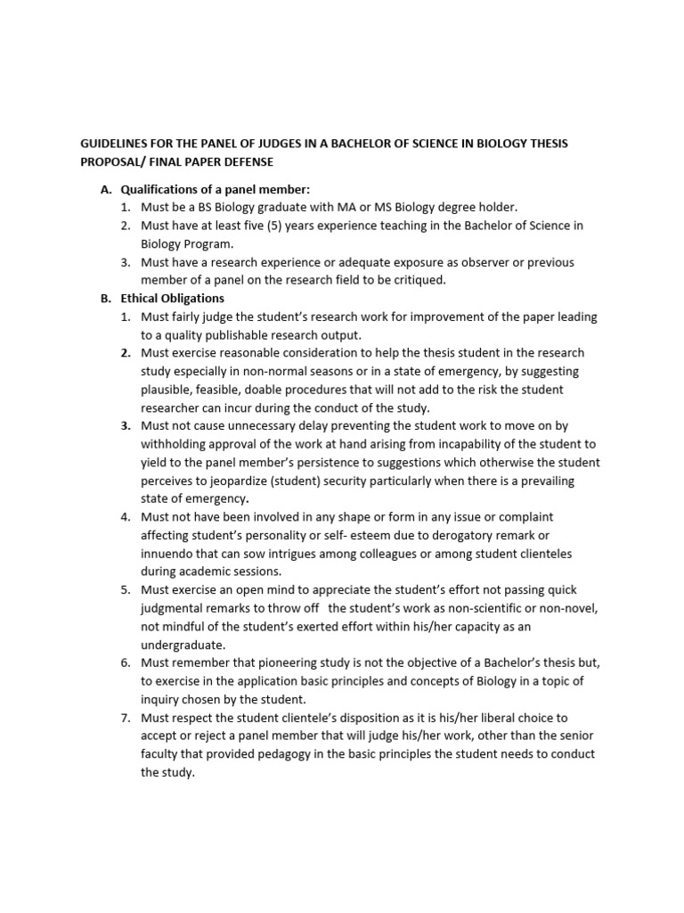 Guidelines For The Panel of Judges in A BS Biology Thesis Proposal ...