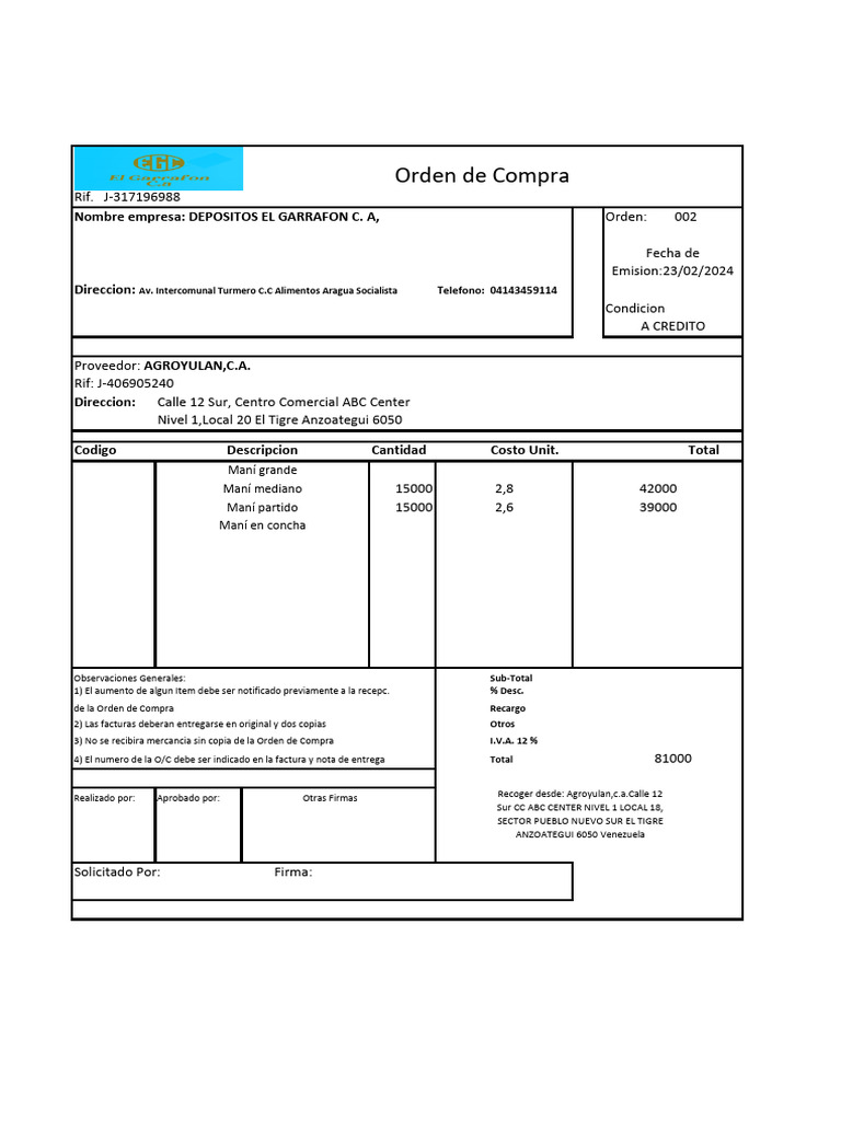 Formato Orden de Compra Clientes 2 | PDF