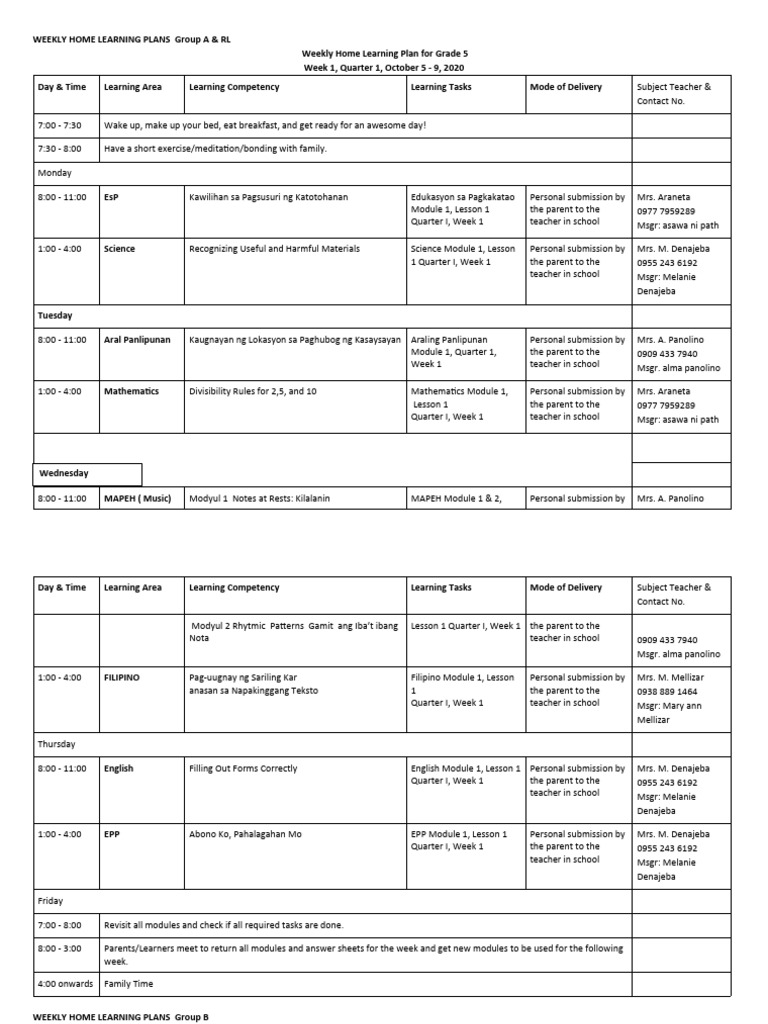 Grade 5 Weekly Home Learning Plan | PDF | Behaviorism | Psychological ...