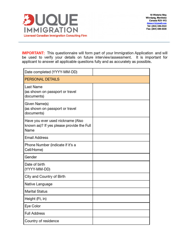 Immigration Application Questionnaire | PDF | Family | International ...