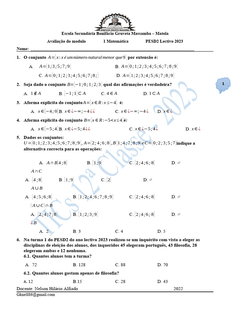 Avaliação Matemática PESD2 2023 | PDF | Matemática | Lógica matemática