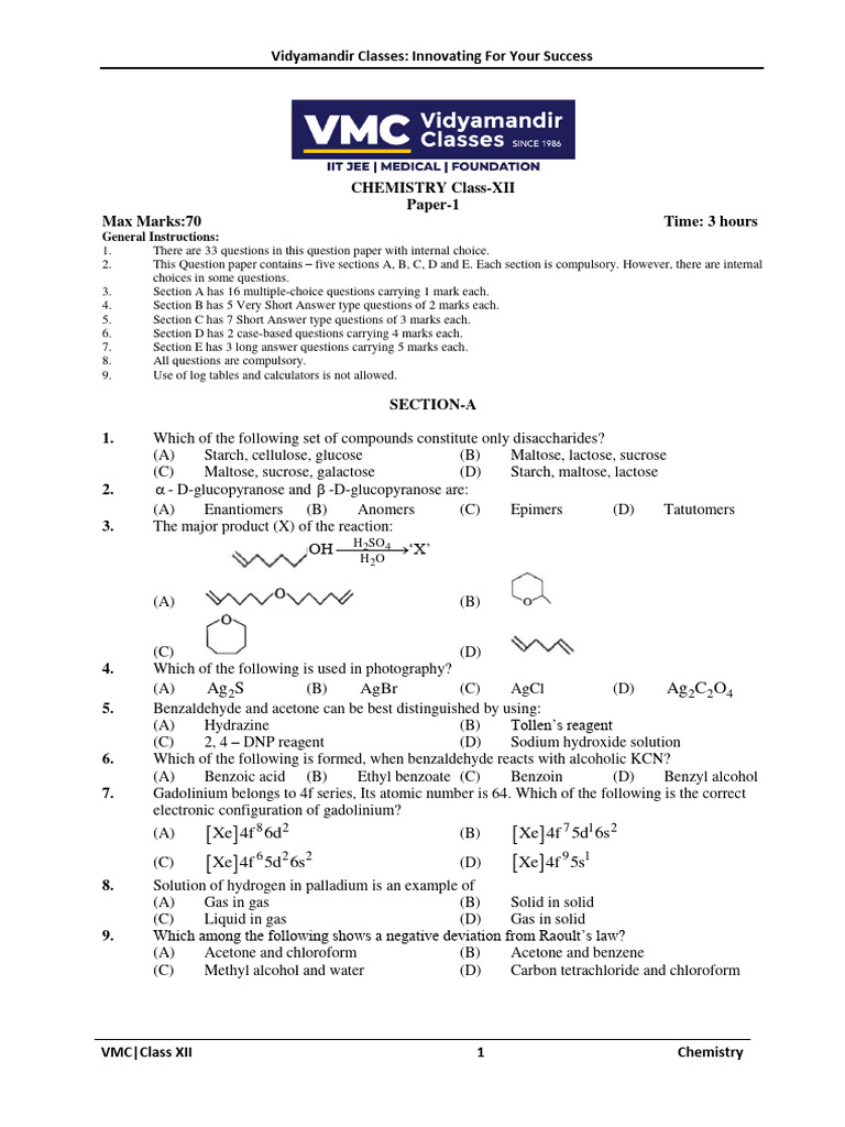 Class XII Chemistry Exam Paper | PDF | Chemical Reactions | Transition ...