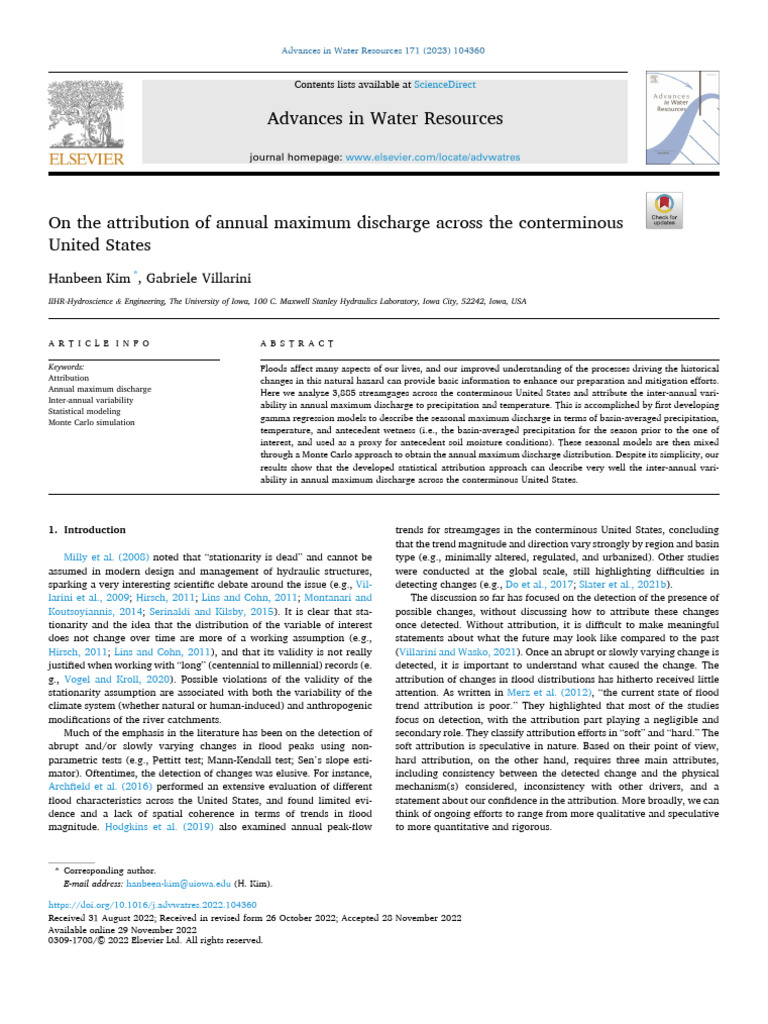 Advances in water resources 23 on the attribution of annual maximum