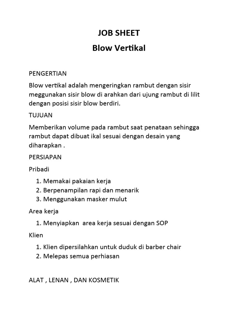 Jobsheet Blow Vertikal Rambut | PDF | Karier & Perkembangan | Griya & Taman