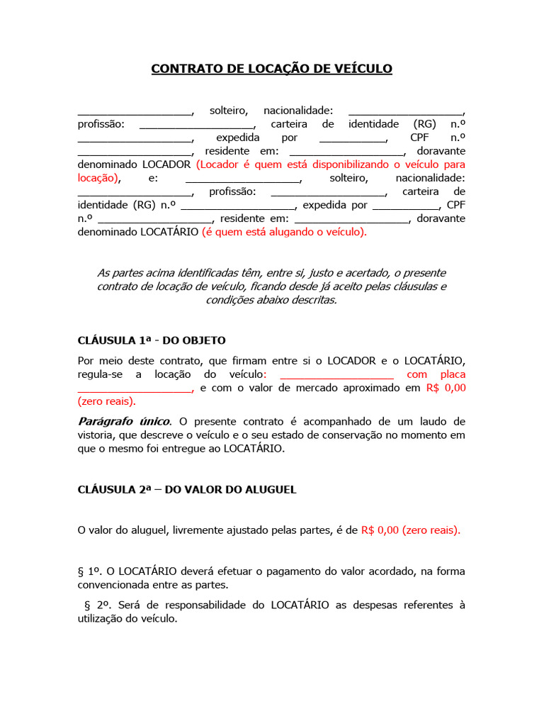 Modelo Contrato de Locação de Veículo | PDF | Aluguel | Empréstimos