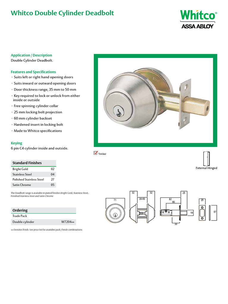 Whitco Double Cylinder Deadbolt Flyer PDF