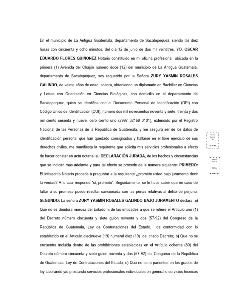 Acta Notarial de Declaración Jurada | PDF | Guatemala | Justicia