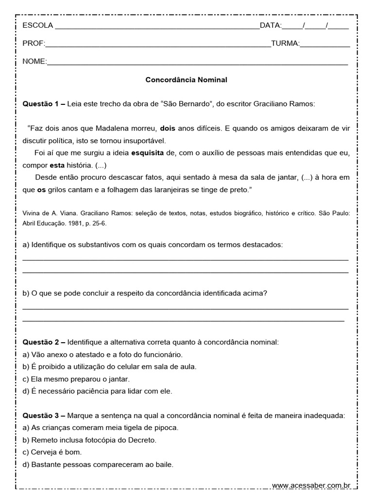 Exercícios de Concordância Nominal | PDF