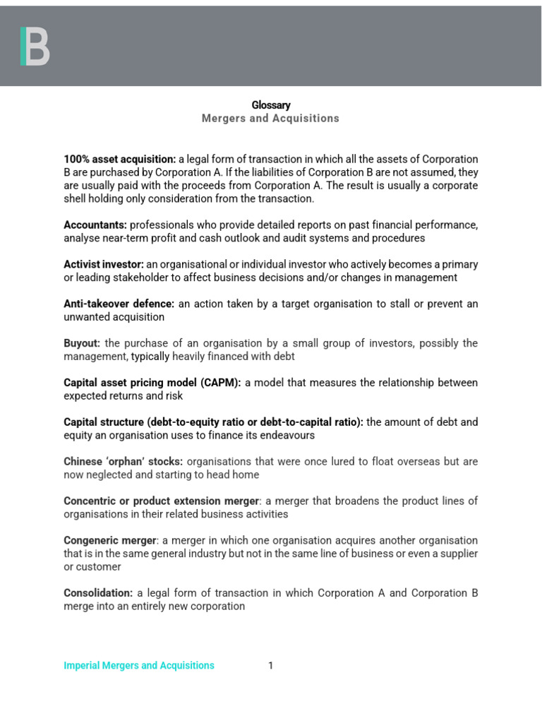 Mergers and Acquisitions Glossary Guide | PDF | Mergers And ...