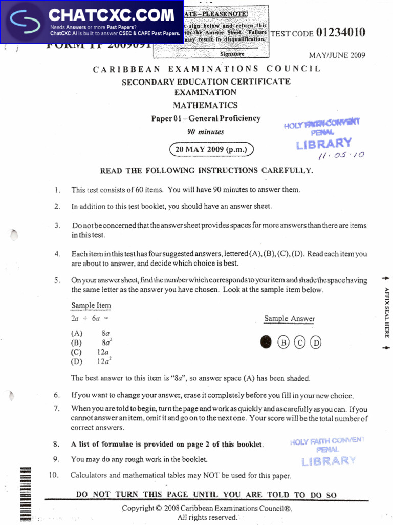 CSEC Mathematics P1 2009 | PDF
