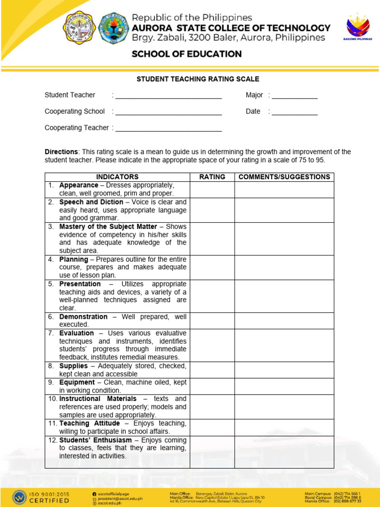 Student Teaching Evaluation Scale | PDF | Career & Growth