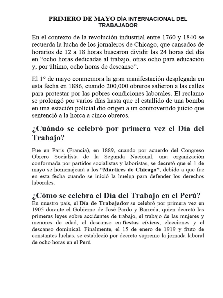 Primero de Mayo Día Internacional Del Trabajador | PDF